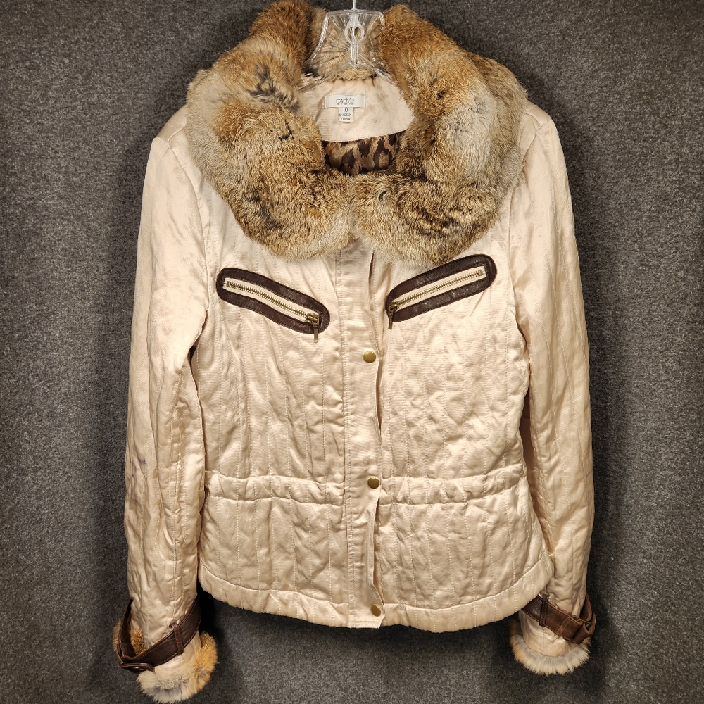 CADIE Champagne Quilted Moto Jacket Rabbit Fur Leather Trim Womens 10 FLAWED